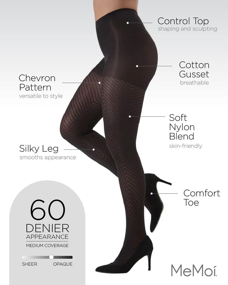 MeMoi Chevron Control Top Tights, Medium-Weight Smoothing Tummy Control Tights, 60 Denier - Sizes Small to Queen 2, Black, Large/X-Large - Image 3